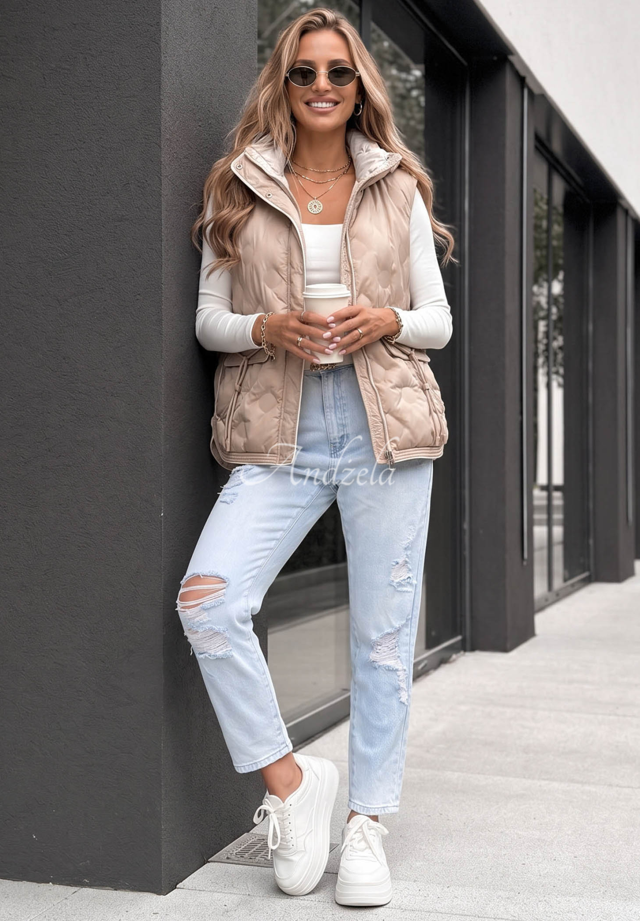 Gesteppte Weste mit Kapuze Morning Dew Beige