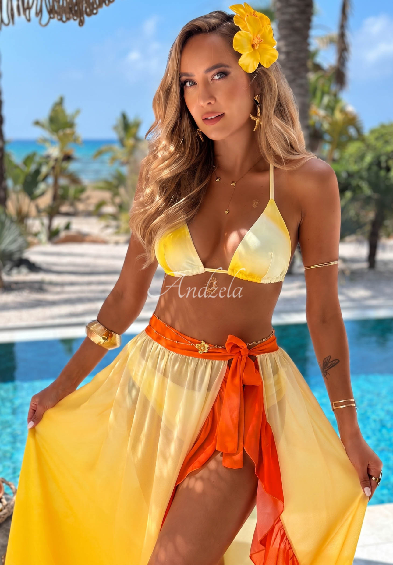 Bikini- und Pareo-Badeanzugset mit Rüschen Aloha Sunset gelb-orange