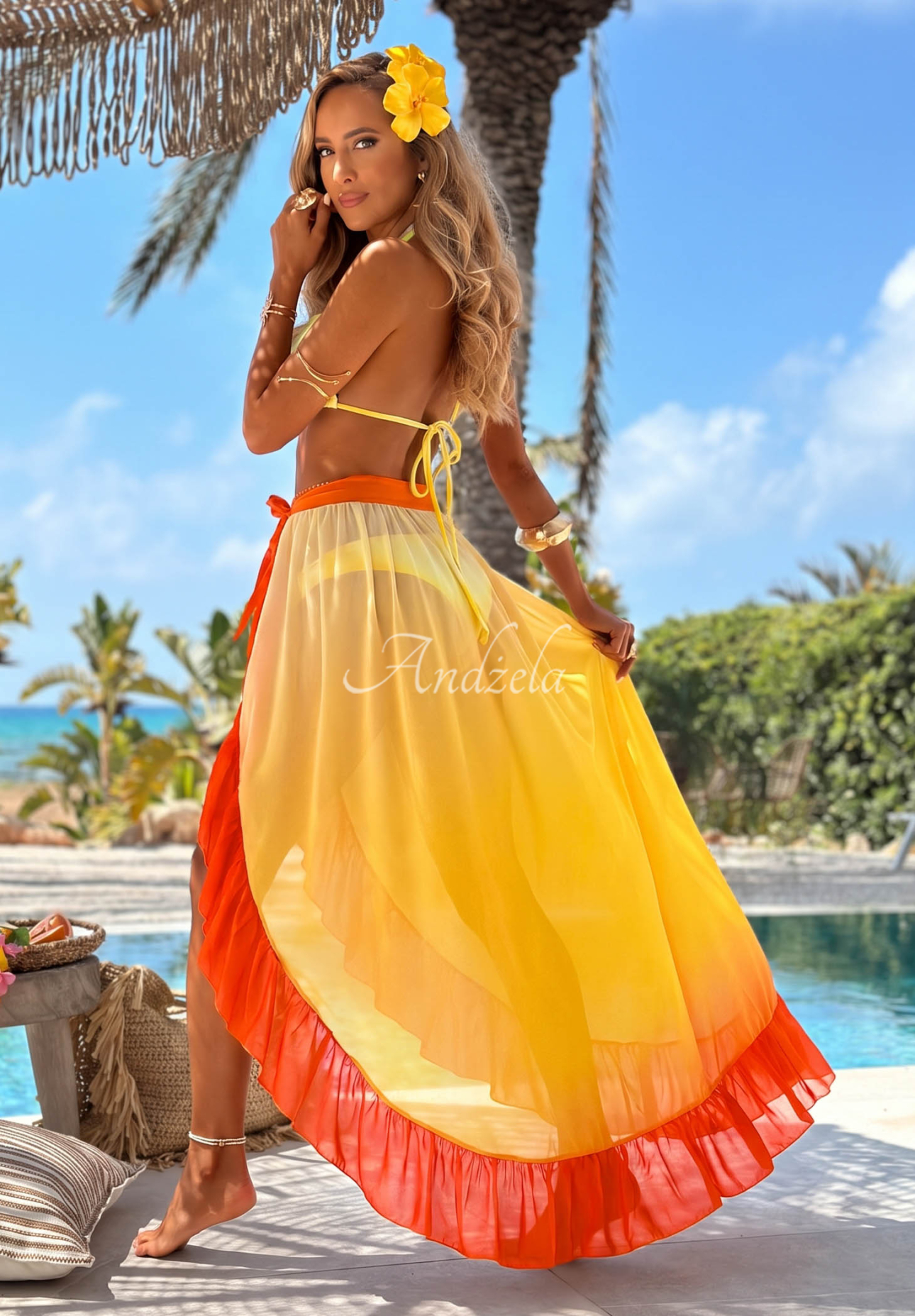 Bikini- und Pareo-Badeanzugset mit Rüschen Aloha Sunset gelb-orange