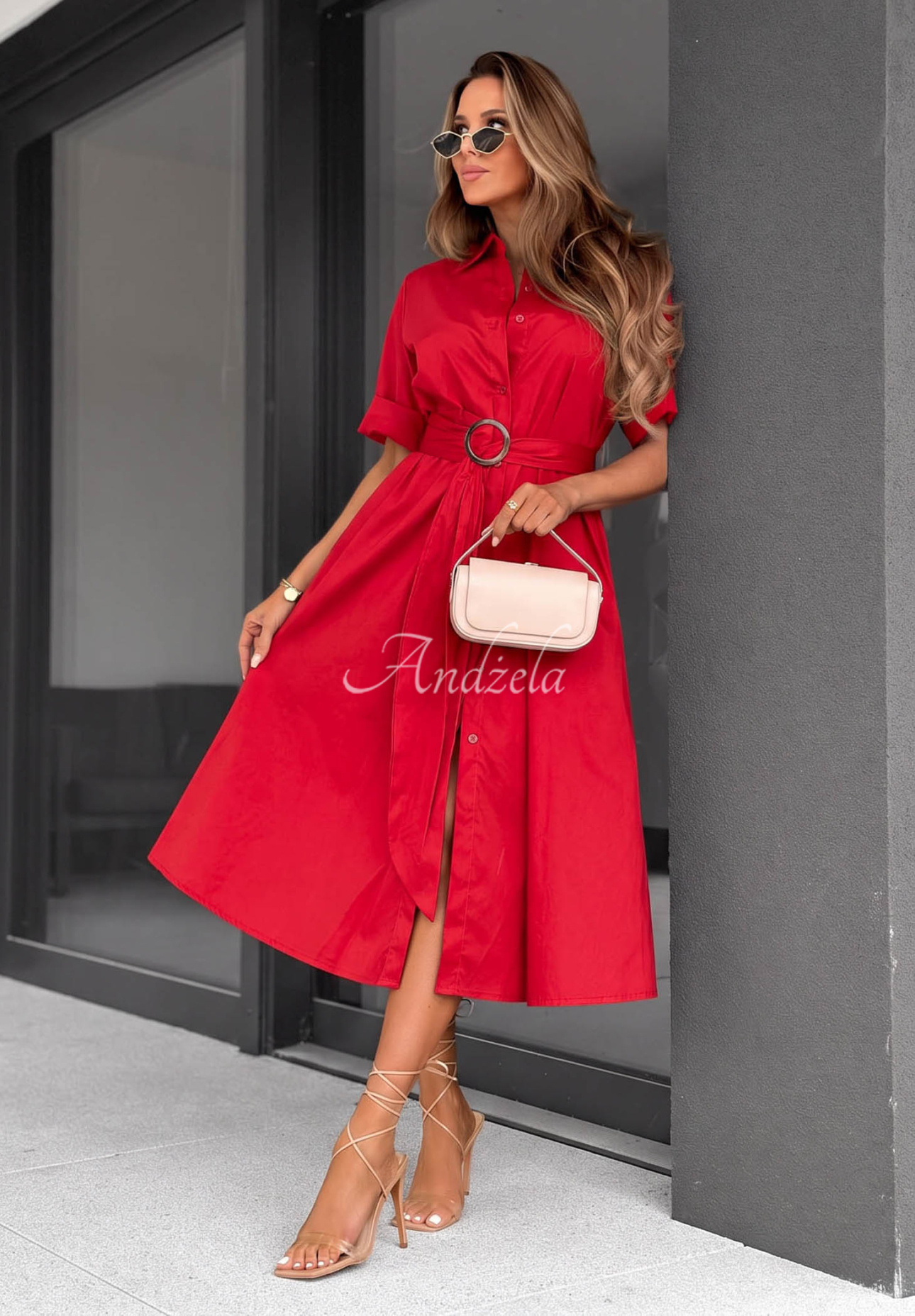 Baumwollhemdkleid mit Gürtel Wind Sails Rot