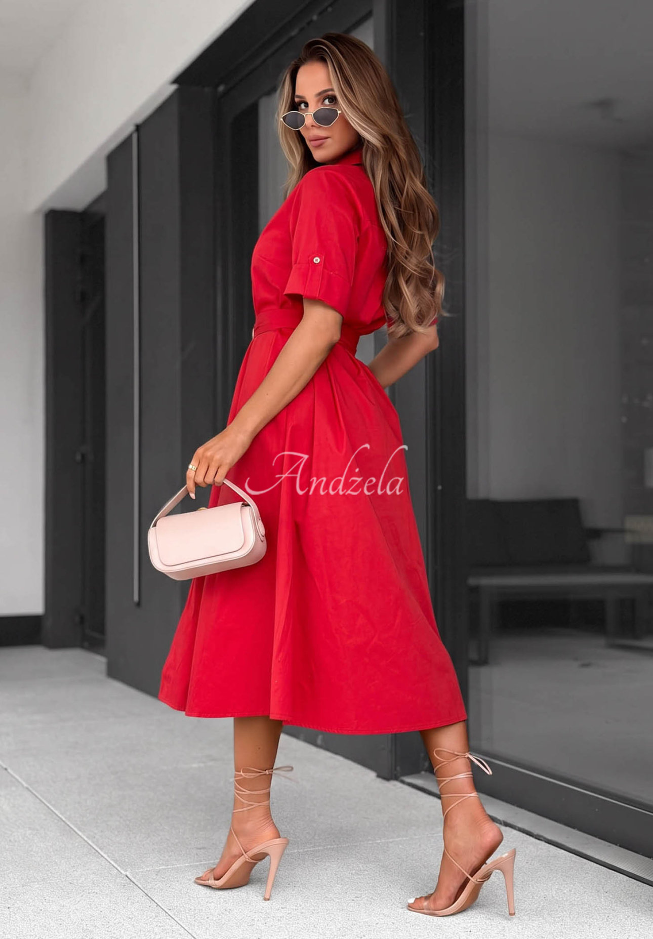 Baumwollhemdkleid mit Gürtel Wind Sails Rot