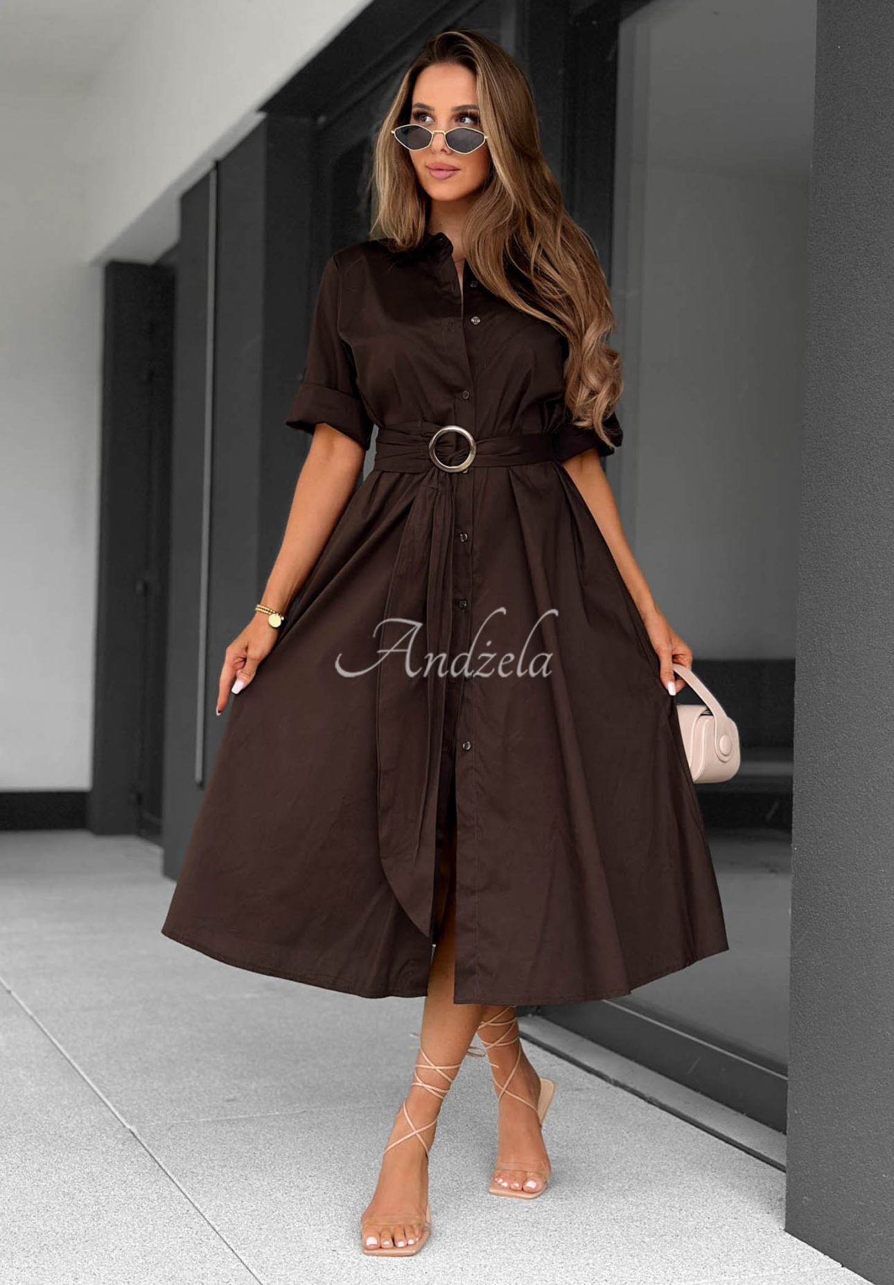 Baumwollhemdkleid mit Gürtel Wind Sails Schokoladenbraun