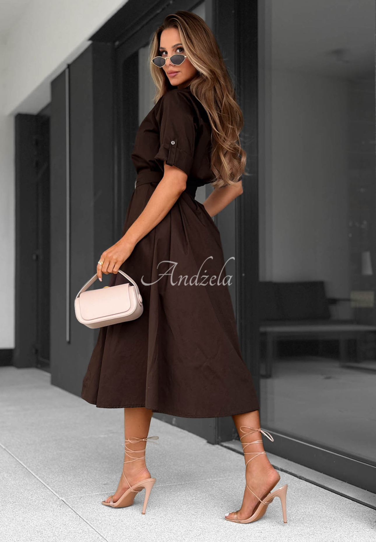Baumwollhemdkleid mit Gürtel Wind Sails Schokoladenbraun