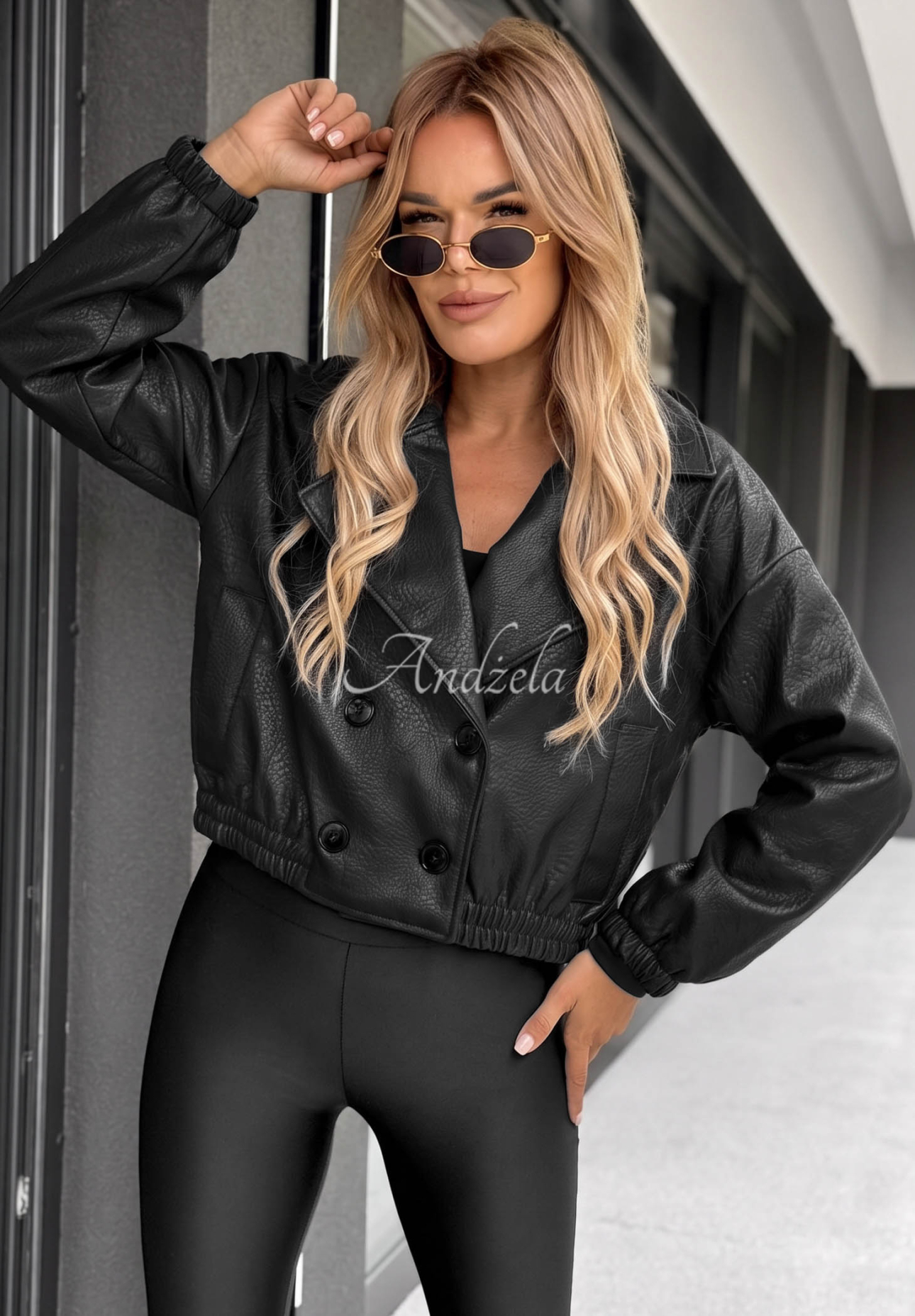 Kurze Lederjacke mit Kragen Morning Mist Schwarz