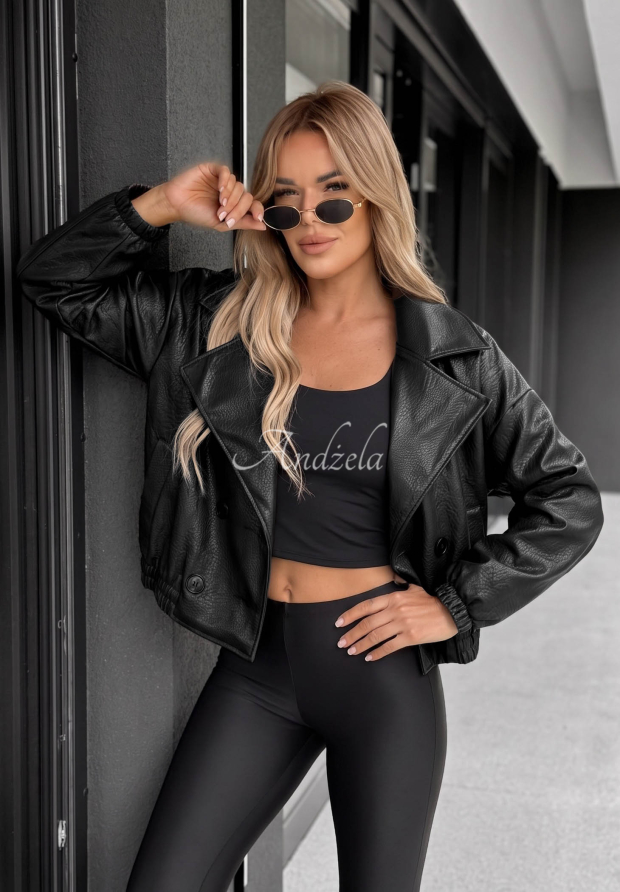 Kurze Lederjacke mit Kragen Morning Mist Schwarz
