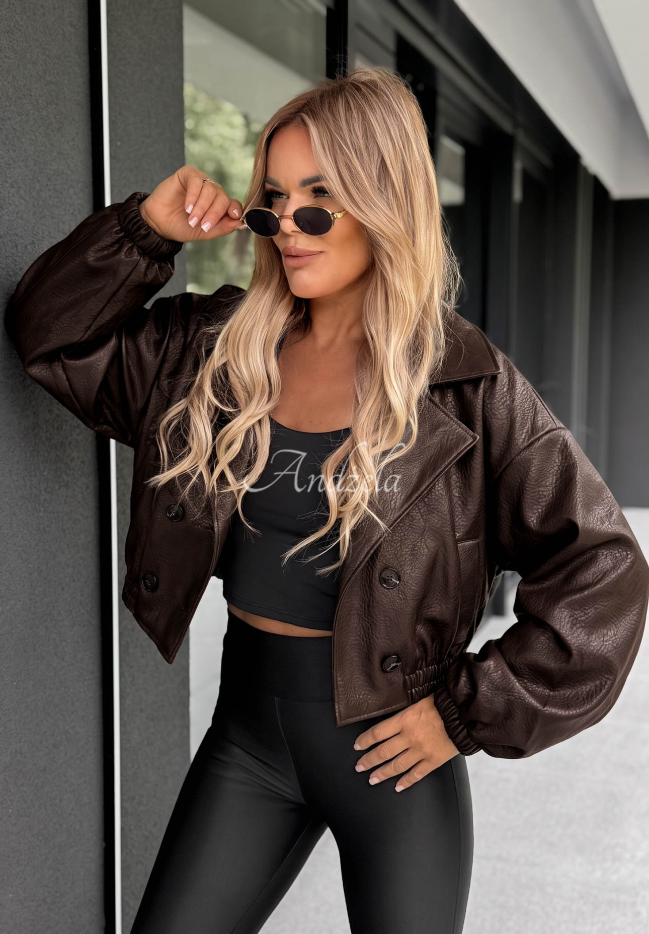 Kurze Lederjacke mit Kragen Morning Mist Schokoladenbraun
