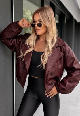 Kurze Lederjacke mit Kragen Morning Mist Burgunderrot