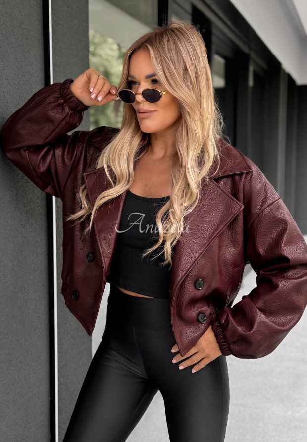 Kurze Lederjacke mit Kragen Morning Mist Burgunderrot