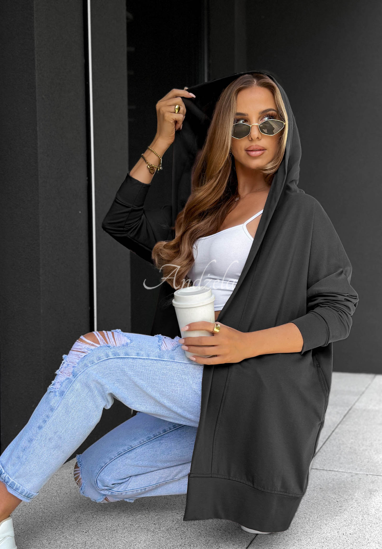 Langes Kapuzensweatshirt aus Baumwolle Cozy Mood  Schwarz