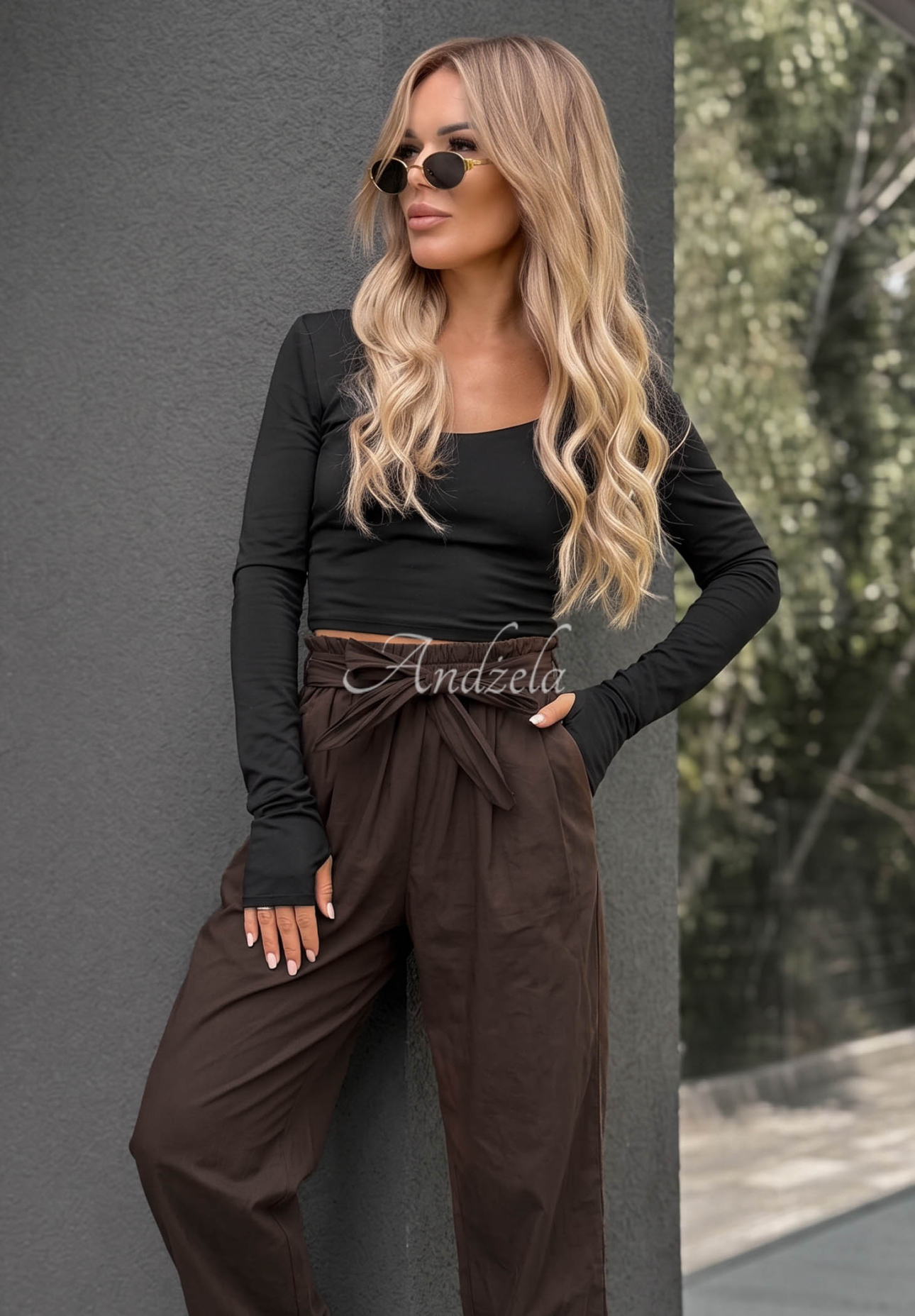 Baumwollhose mit Gürtel Elegant Harmony Schokoladenbraun