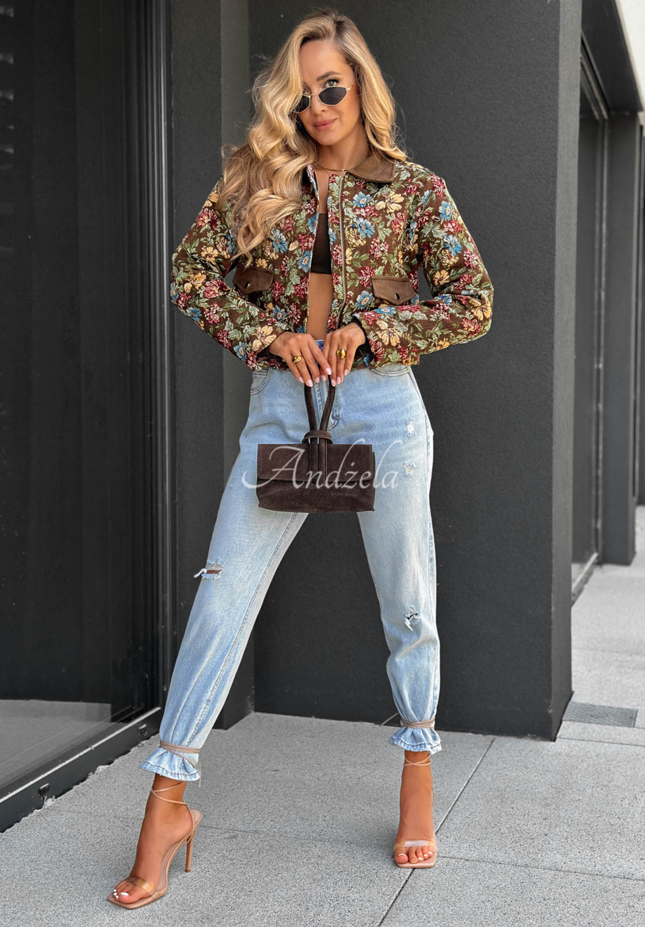 Kurze Baumwolljacke mit Blumenmuster und Kragen Floral Charm Braun