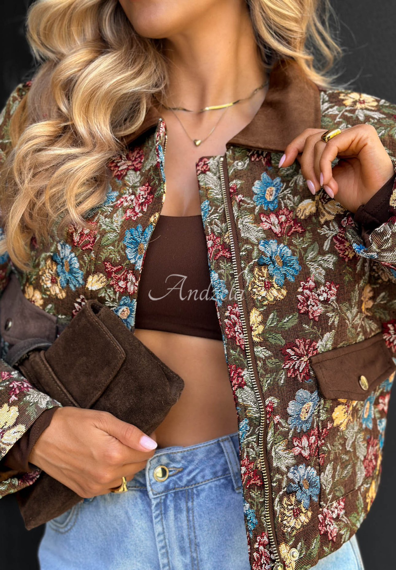 Kurze Baumwolljacke mit Blumenmuster und Kragen Floral Charm Braun
