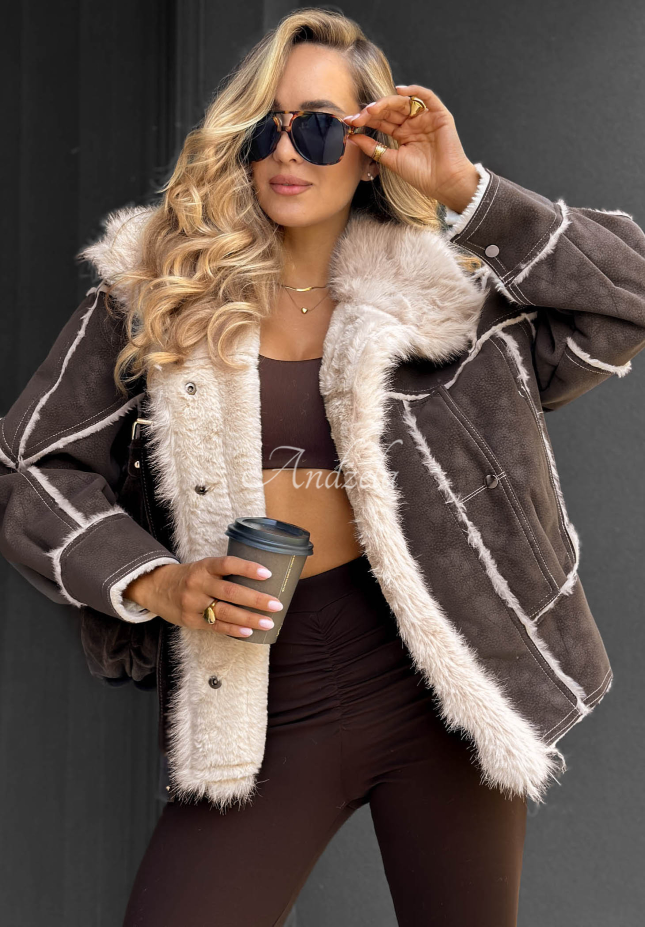 Jacke aus Lammfellimitat mit Kunstfell Honey Ember Schokoladenbraun
