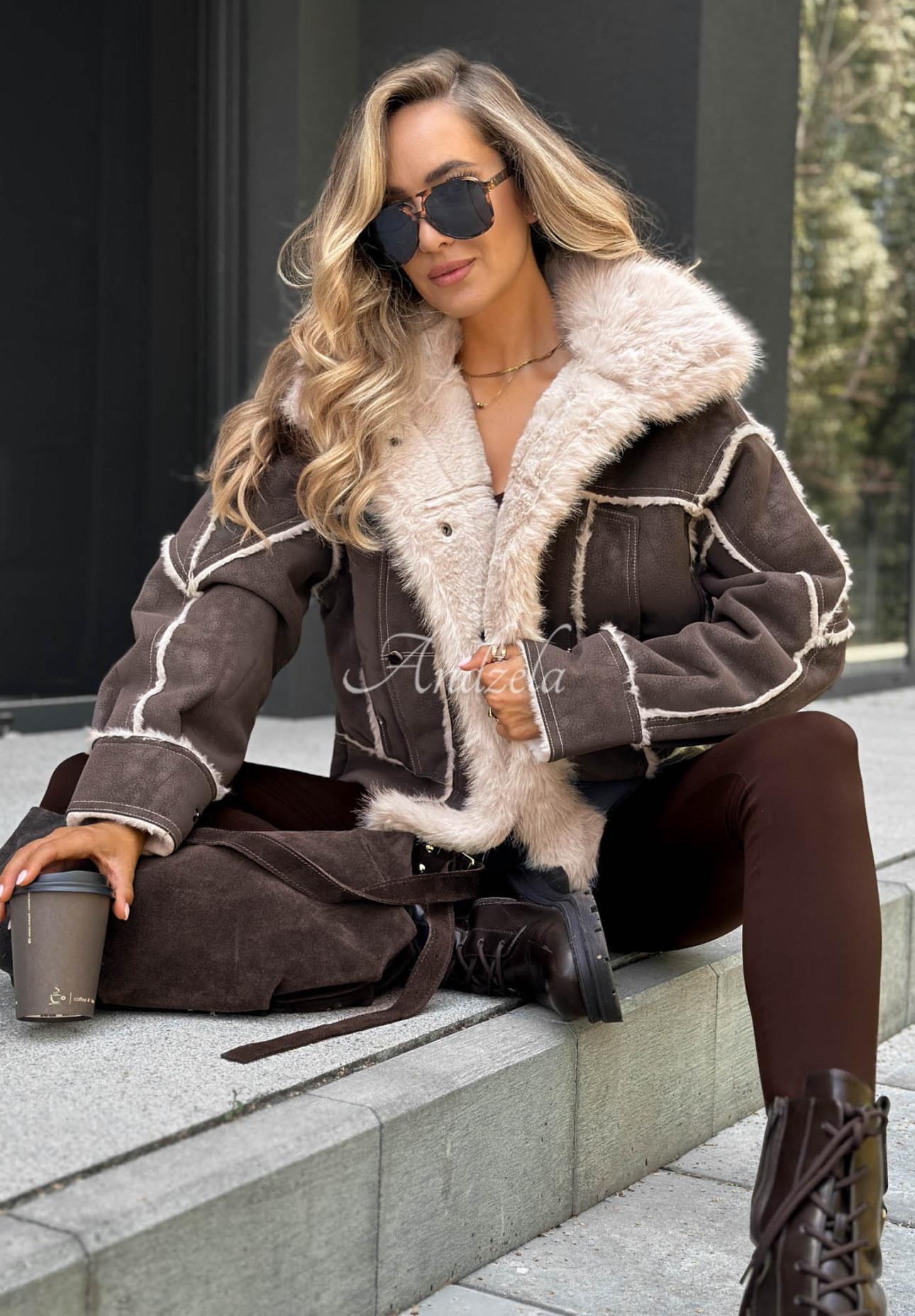 Jacke aus Lammfellimitat mit Kunstfell Honey Ember Schokoladenbraun