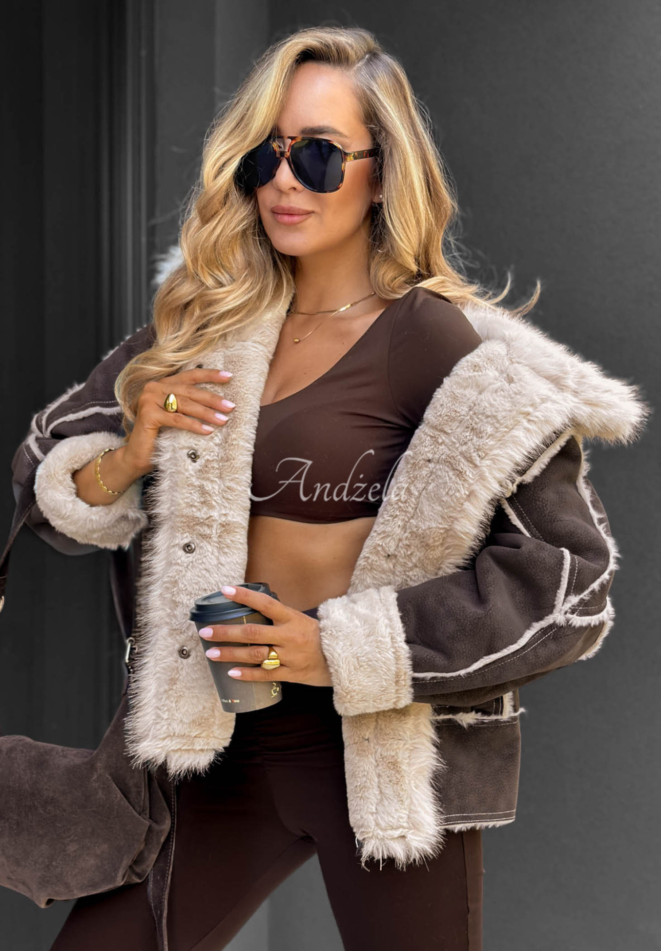 Jacke aus Lammfellimitat mit Kunstfell Honey Ember Schokoladenbraun