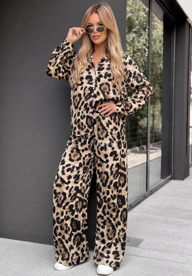 Viskose-Set aus Hemd und wide leg Hose im Leopardenmuster Summer Panther beige-schwarz