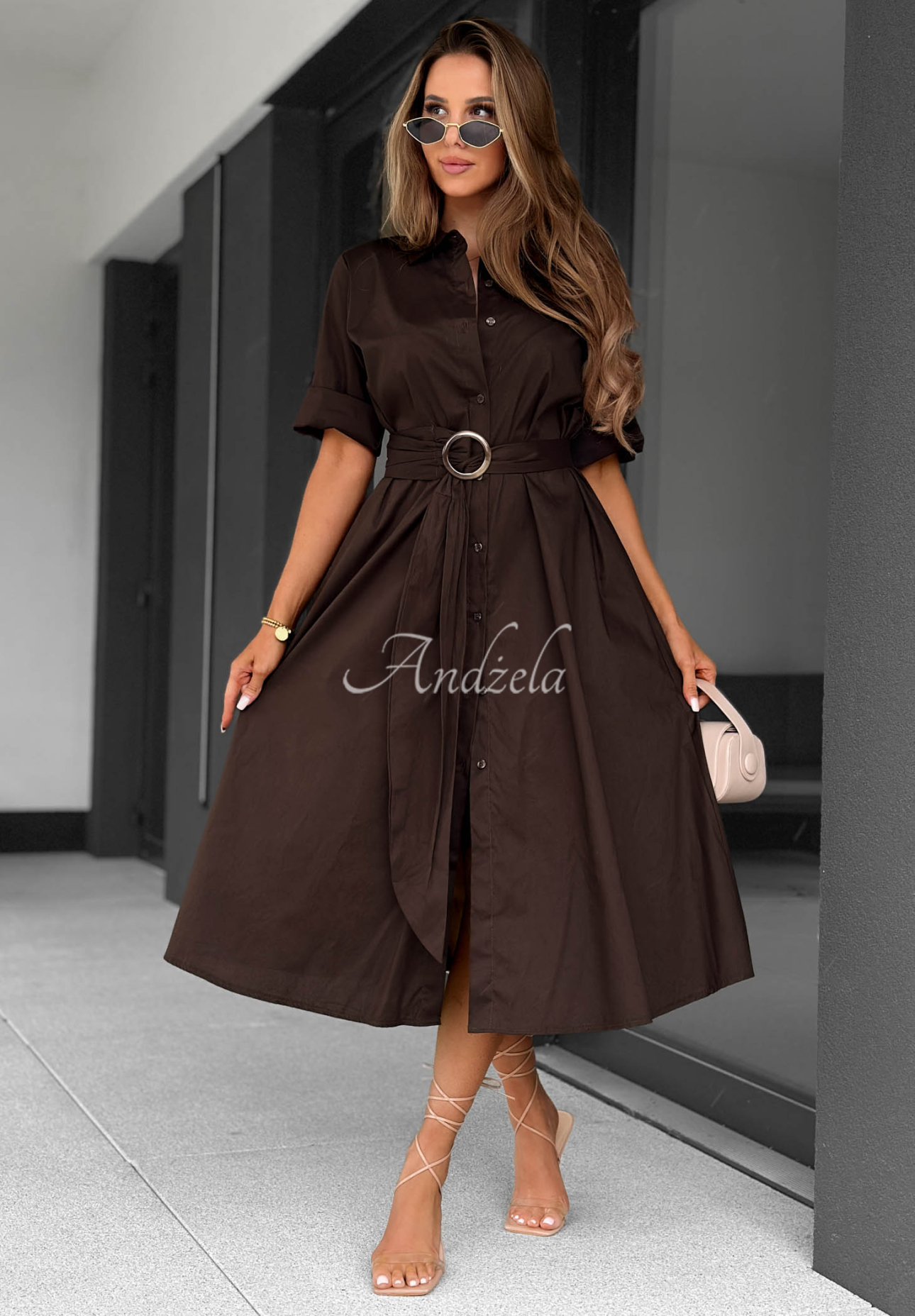 Baumwollhemdkleid mit Gürtel Wind Sails Schokoladenbraun