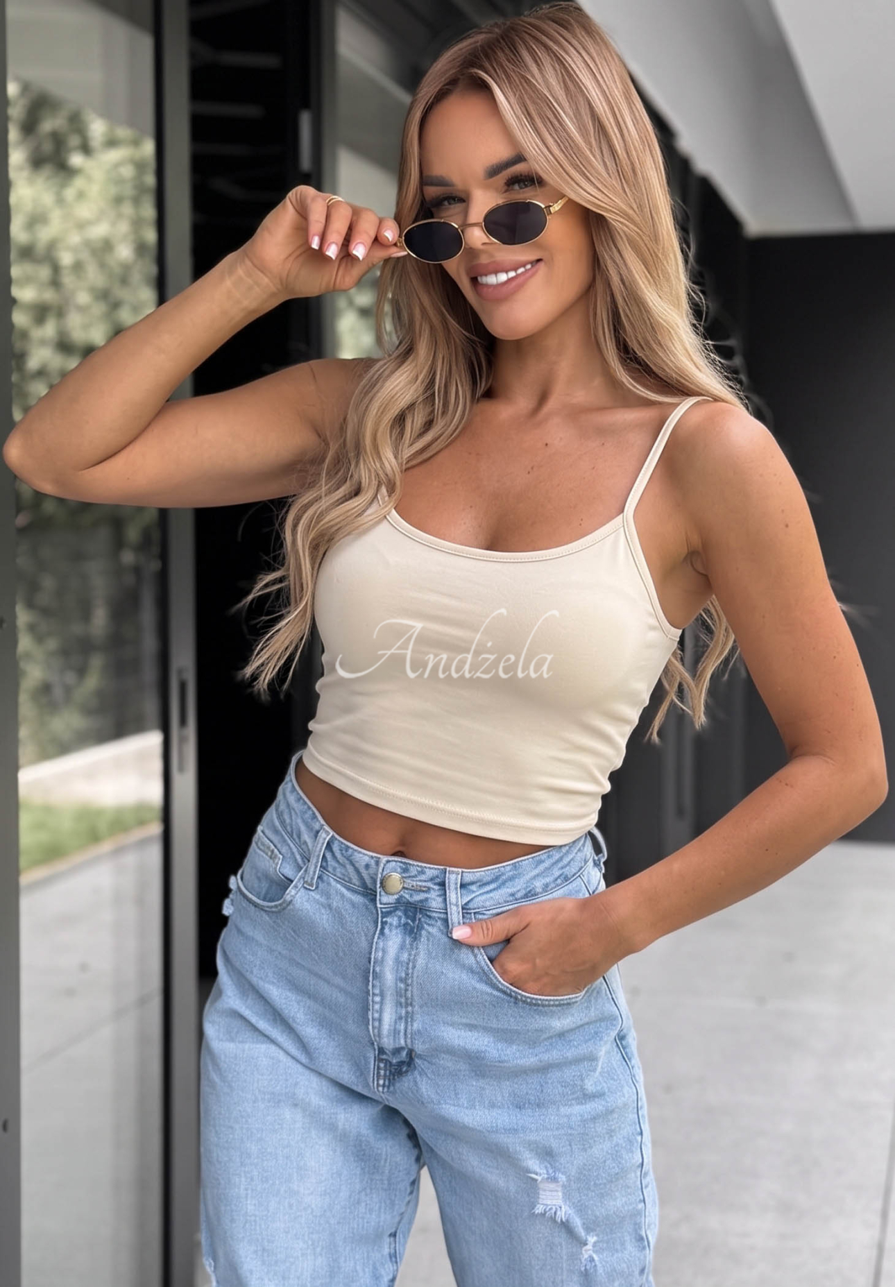 Kurzes Baumwoll-Trägertop Viva Oliva Beige