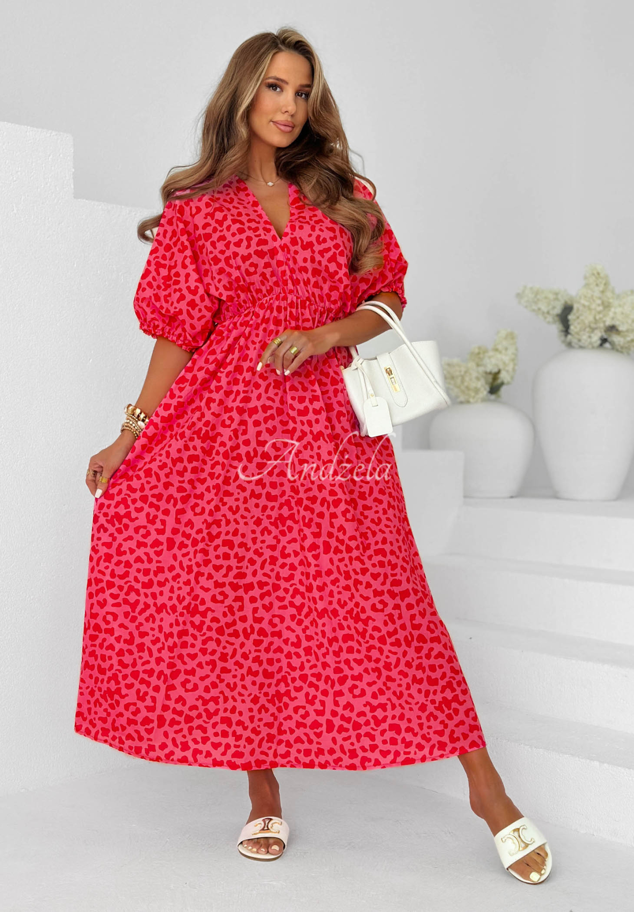 Baumwollkleid mit Puffärmeln im Leopardenmuster Tropic Soul Fuchsia II