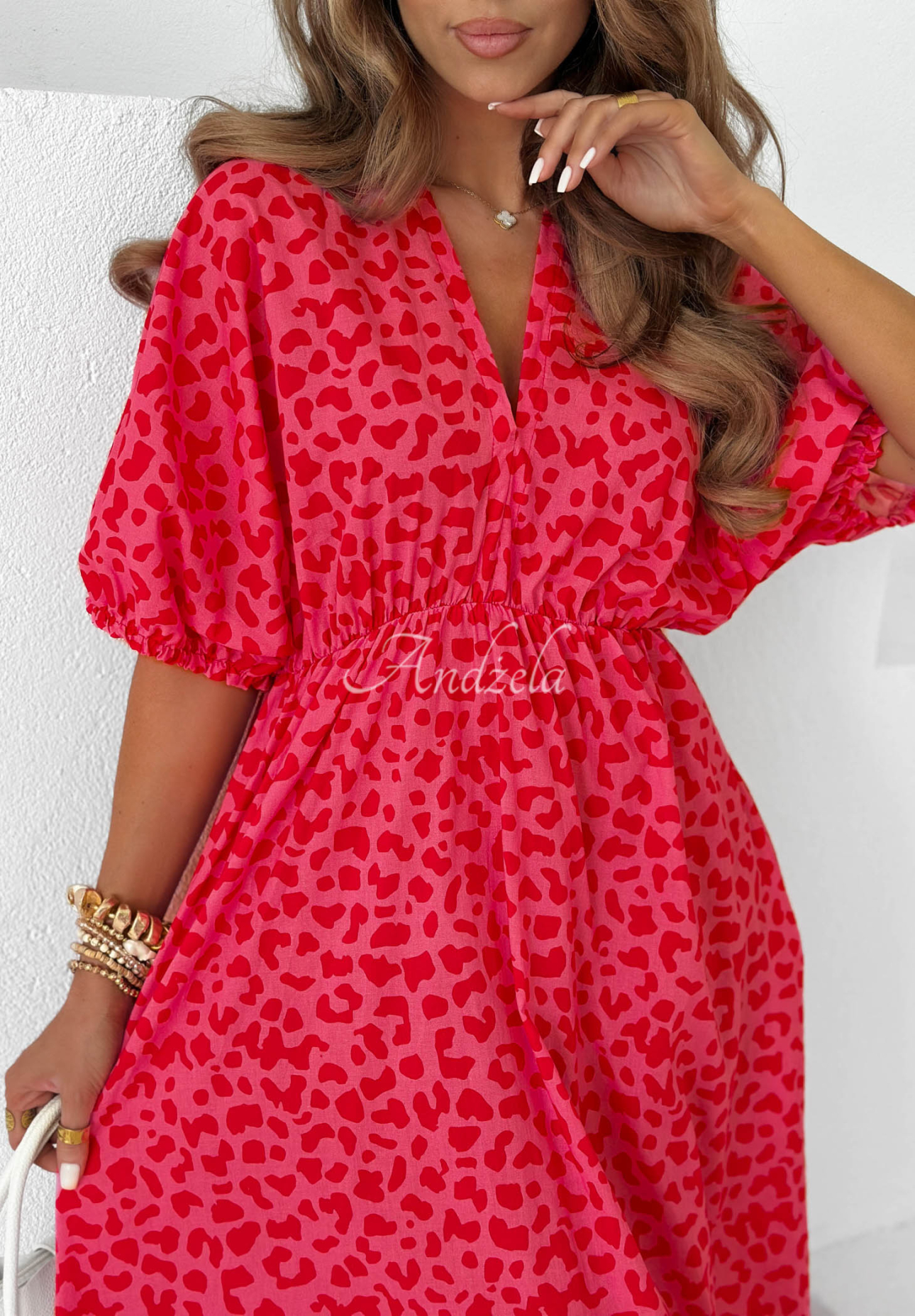 Baumwollkleid mit Puffärmeln im Leopardenmuster Tropic Soul Fuchsia II