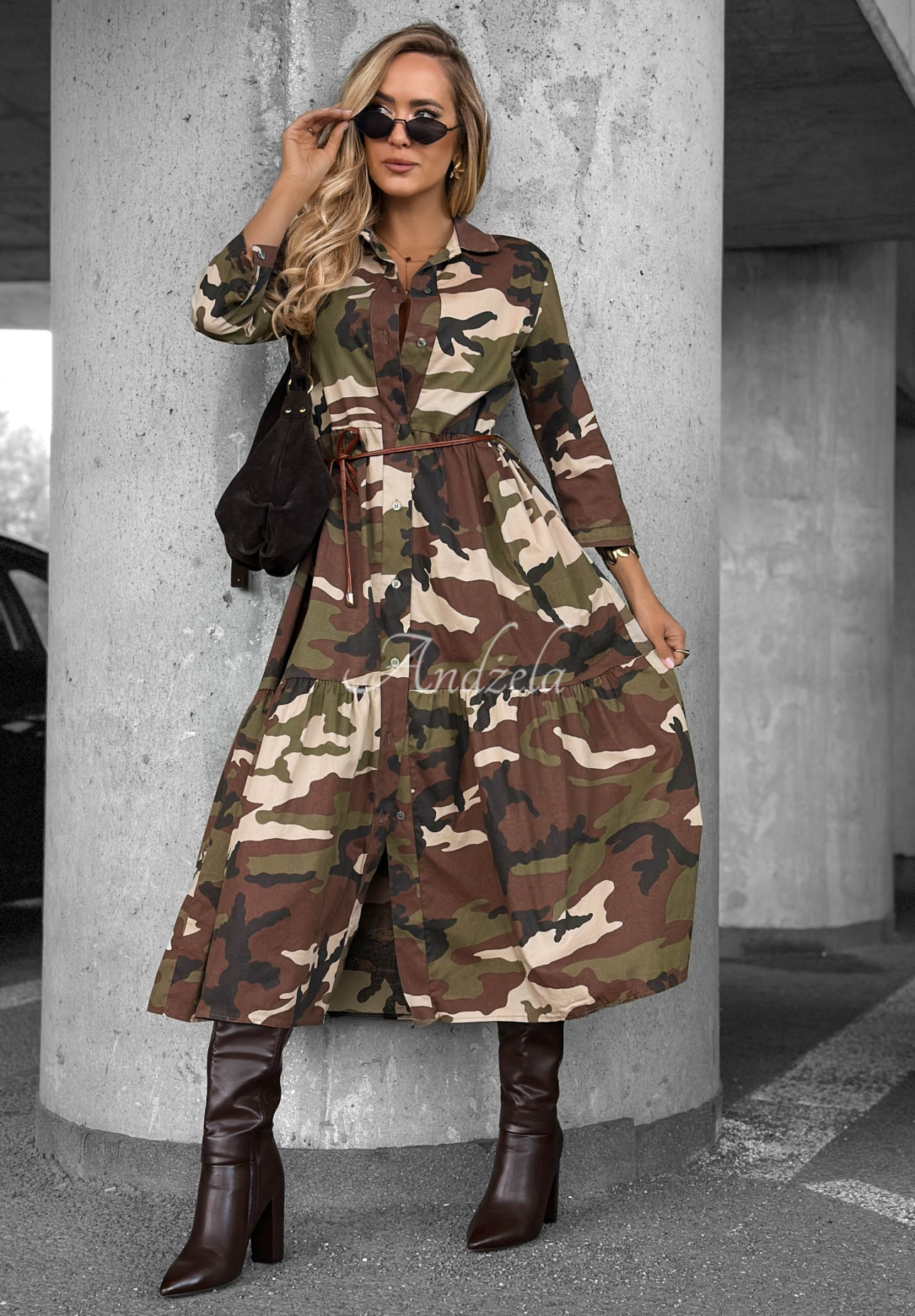 Baumwollkleid im Hemdstil mit Gürtel und Camouflage-Muster Daily Mission Khaki