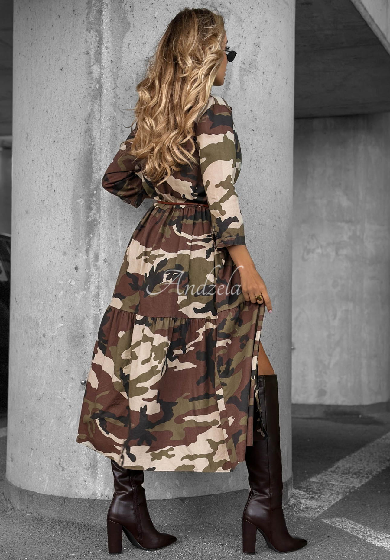Baumwollkleid im Hemdstil mit Gürtel und Camouflage-Muster Daily Mission Khaki