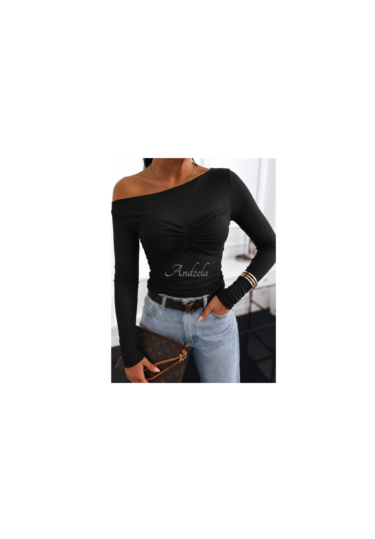 Geraffte Bluse mit Modal Private Number Schwarz