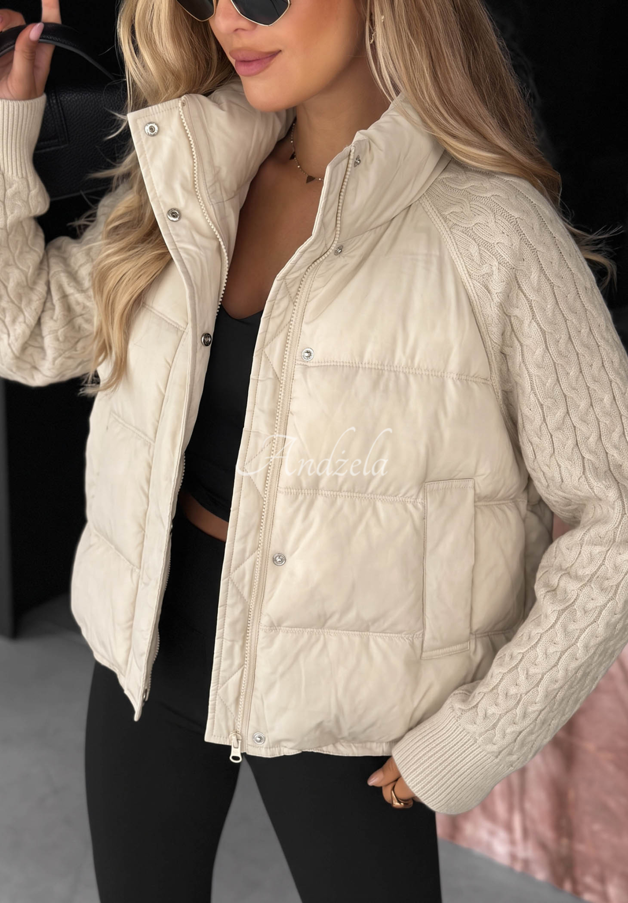 Daunenjacke mit Strickeinsätzen Never Leave Ecru