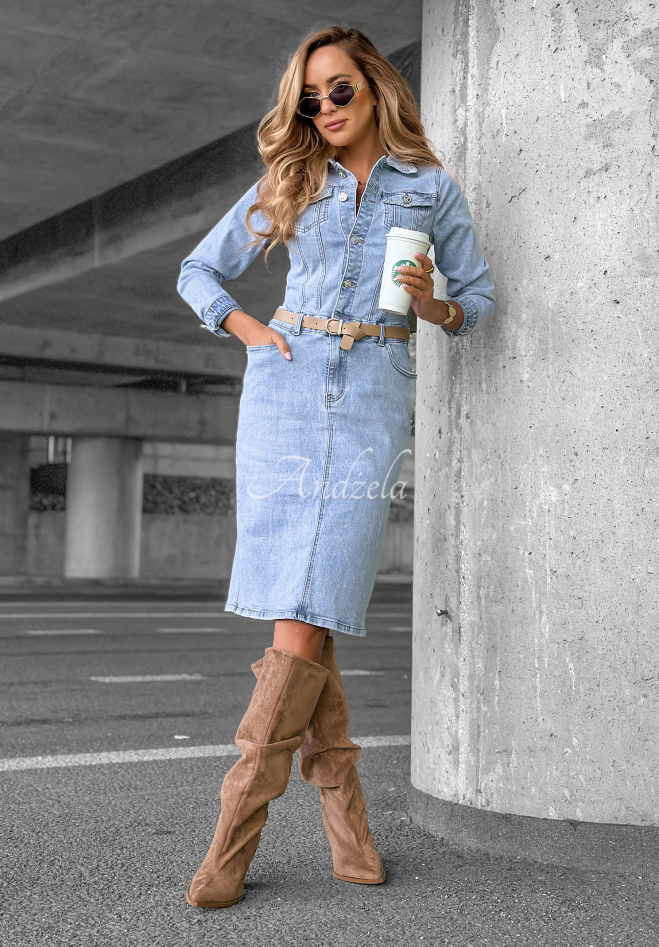 Denim-Midikleid mit Gürtel Are You Ready Blau