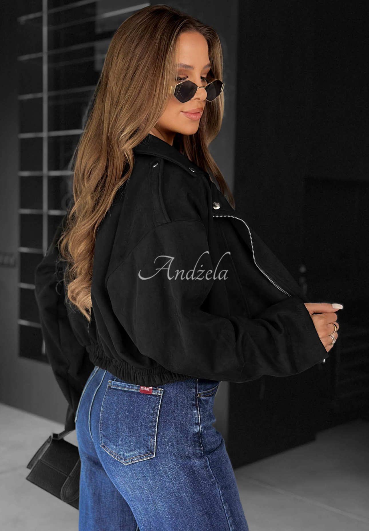 Kurze Wildleder-Bikerjacke Maple Story Schwarz