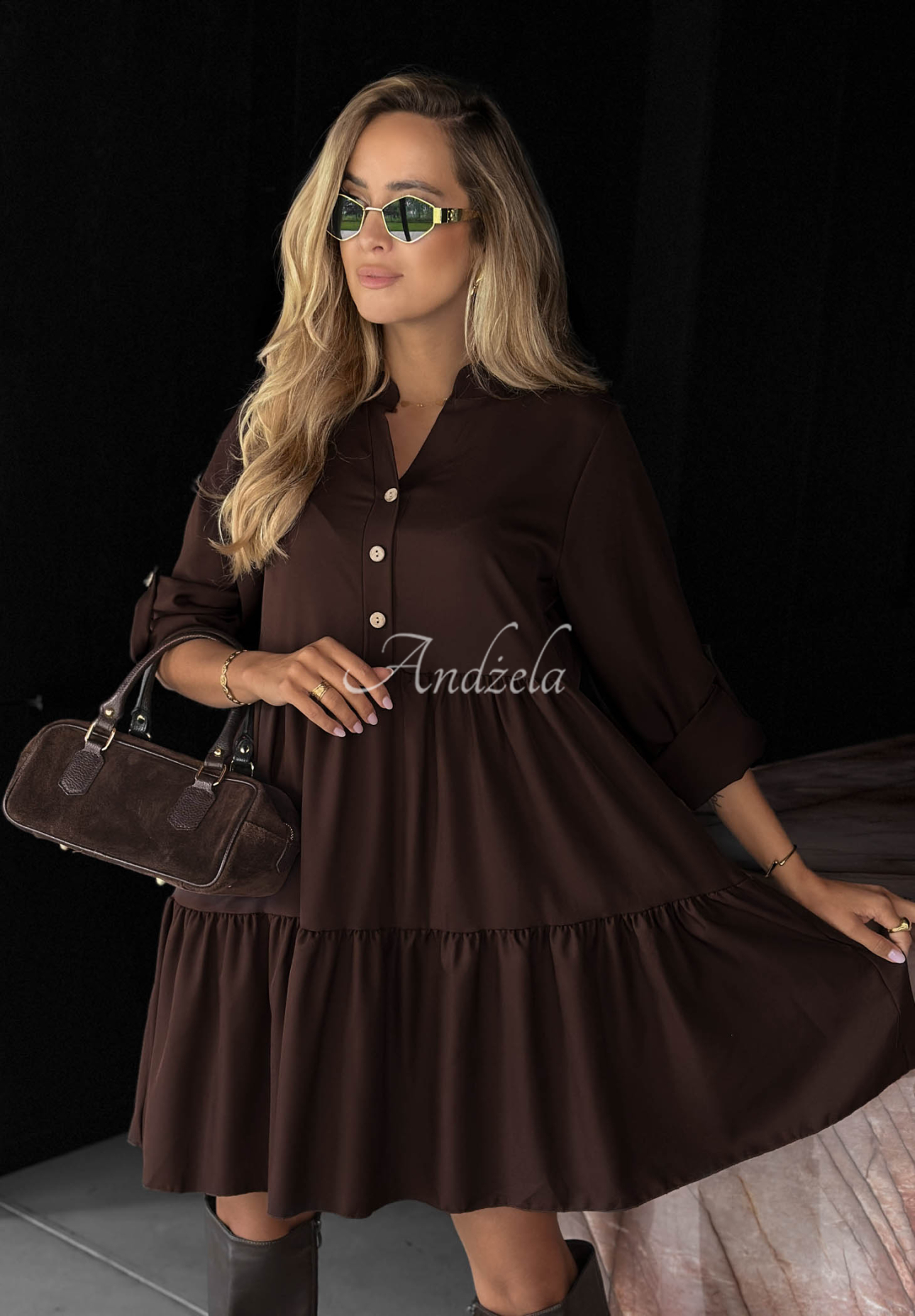 Oversize-Kleid mit Rüschen und Viskose Modern Charm Schokoladenbraun