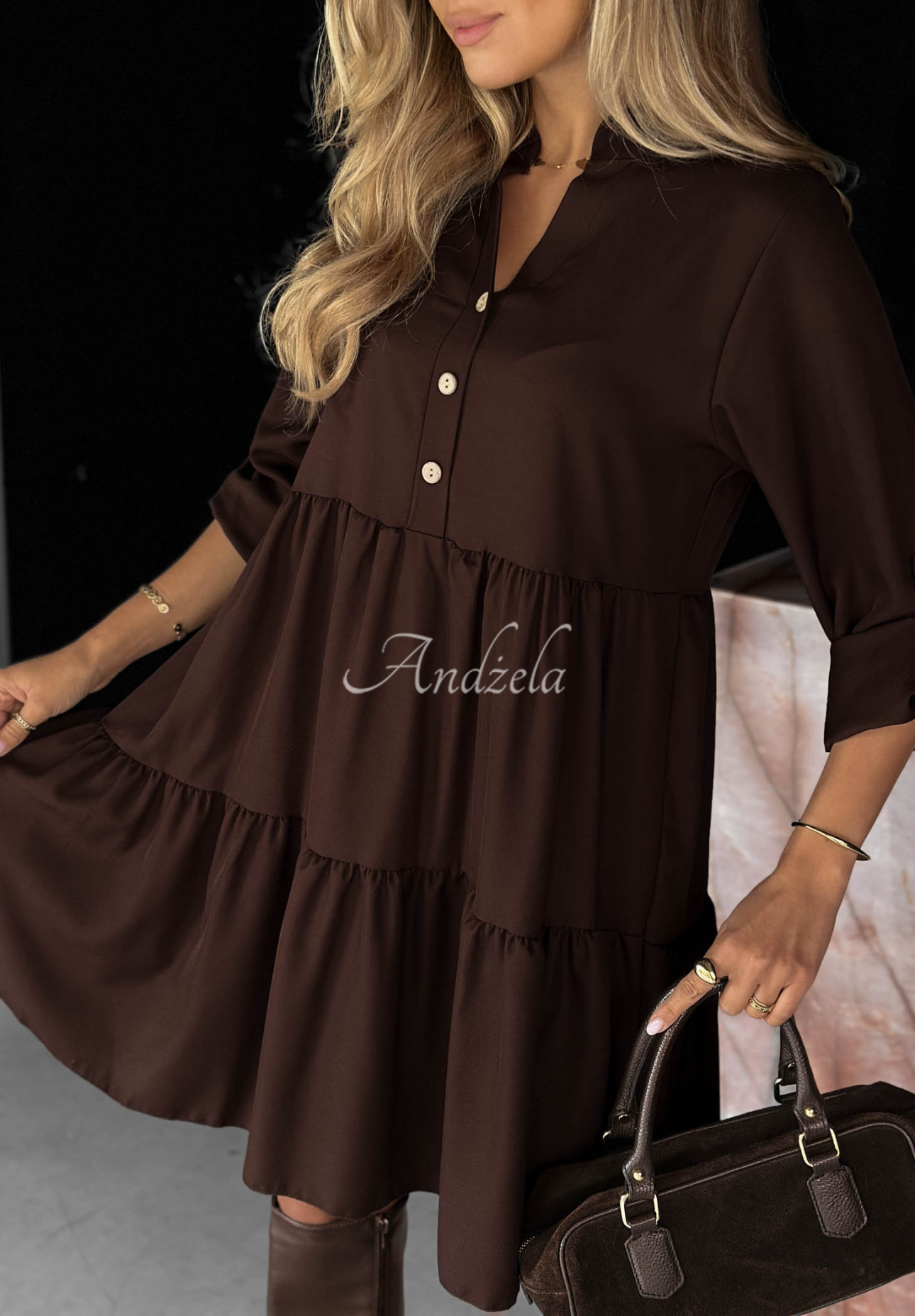 Oversize-Kleid mit Rüschen und Viskose Modern Charm Schokoladenbraun