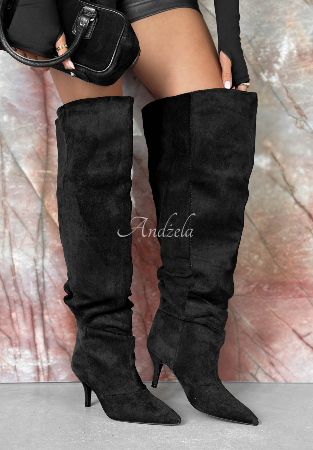 Lange Stiefel aus Wildlederimitat mit Stilettoabsatz Signature Walk Schwarz