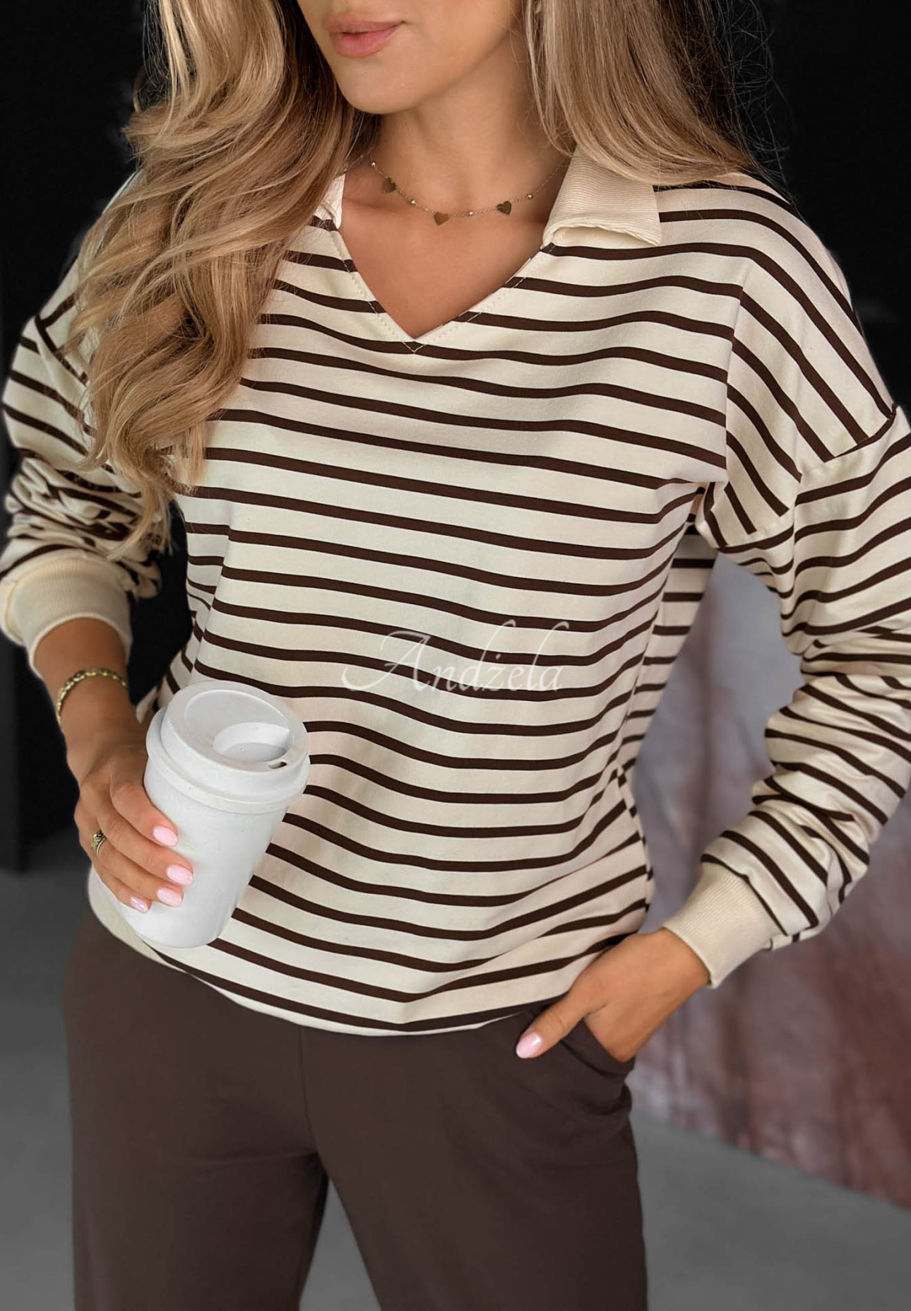 Trainingsanzug aus Baumwolle Sweatshirt und Hose gestreift Hello Weekend vanille-schokoladenbraun
