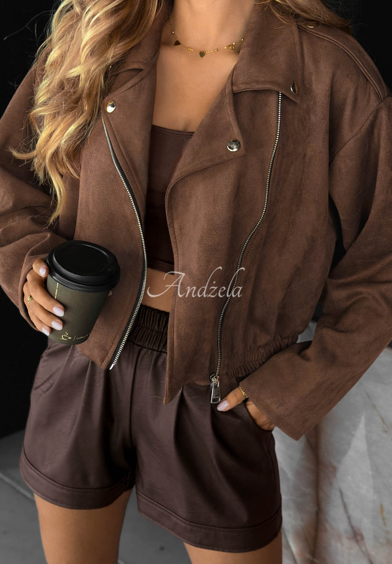 Kurze Wildleder-Bikerjacke Maple Story Schokoladenbraun