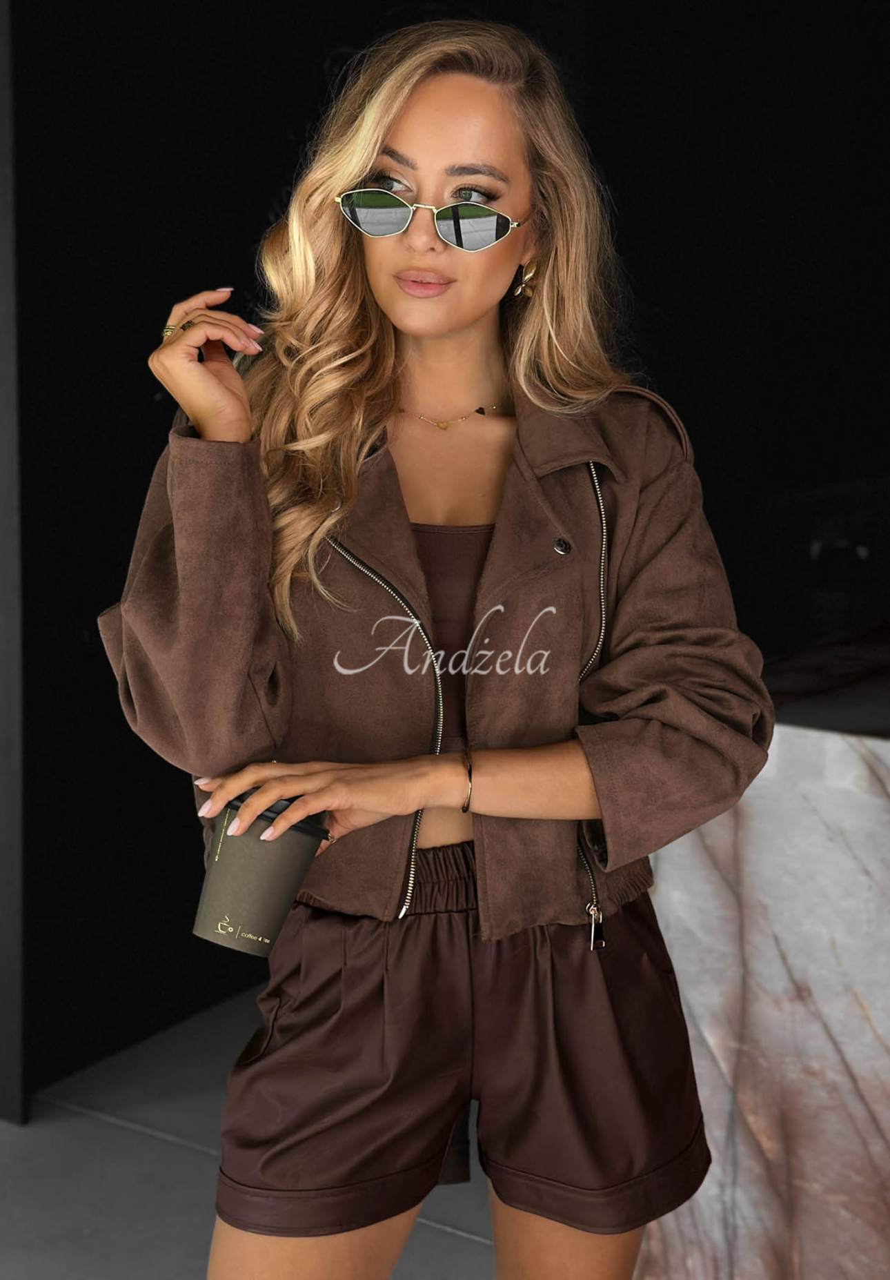 Kurze Wildleder-Bikerjacke Maple Story Schokoladenbraun