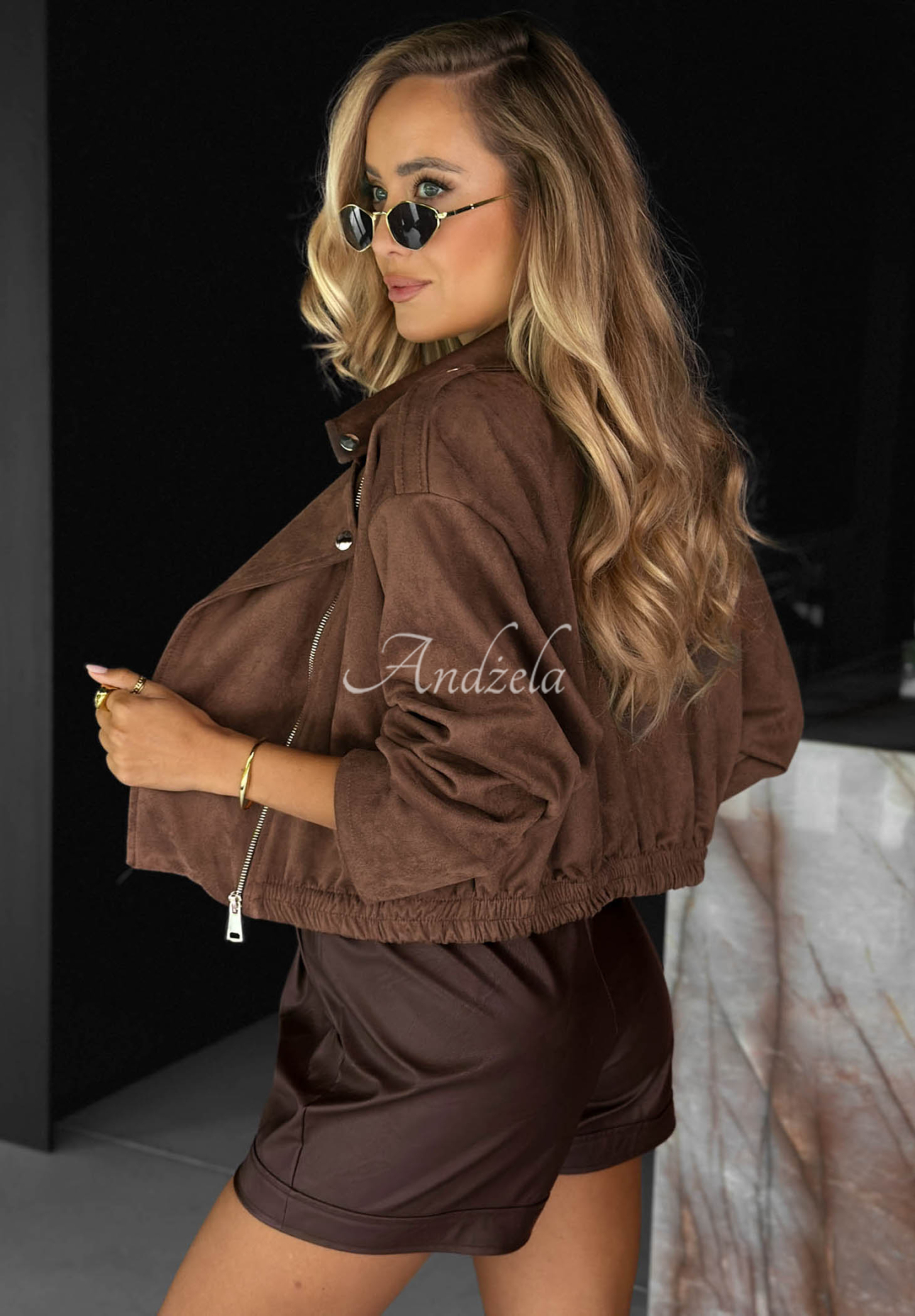 Kurze Wildleder-Bikerjacke Maple Story Schokoladenbraun