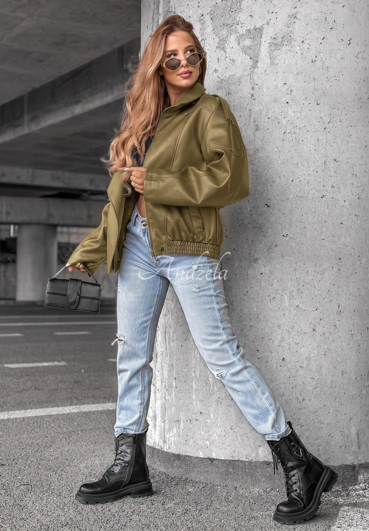 Lederjacke mit Bündchen Amber Mood Olivgrün