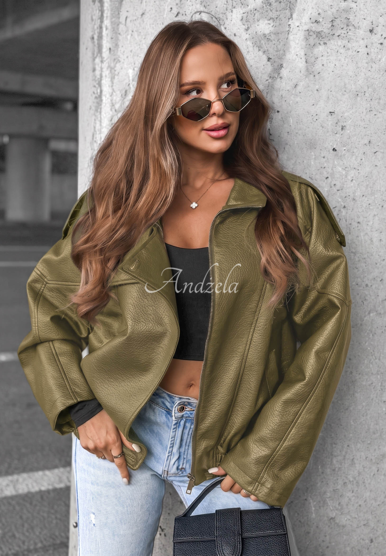 Lederjacke mit Bündchen Amber Mood Olivgrün