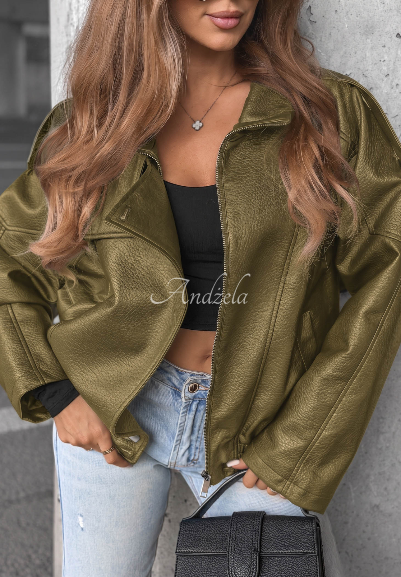 Lederjacke mit Bündchen Amber Mood Olivgrün