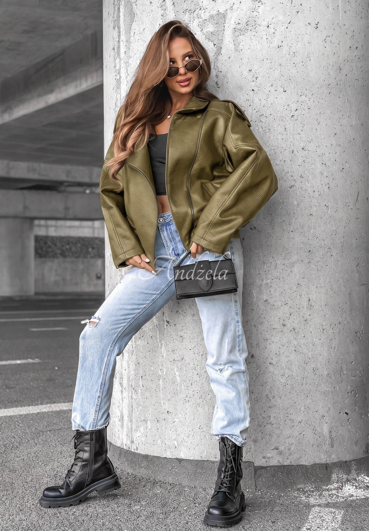 Lederjacke mit Bündchen Amber Mood Olivgrün