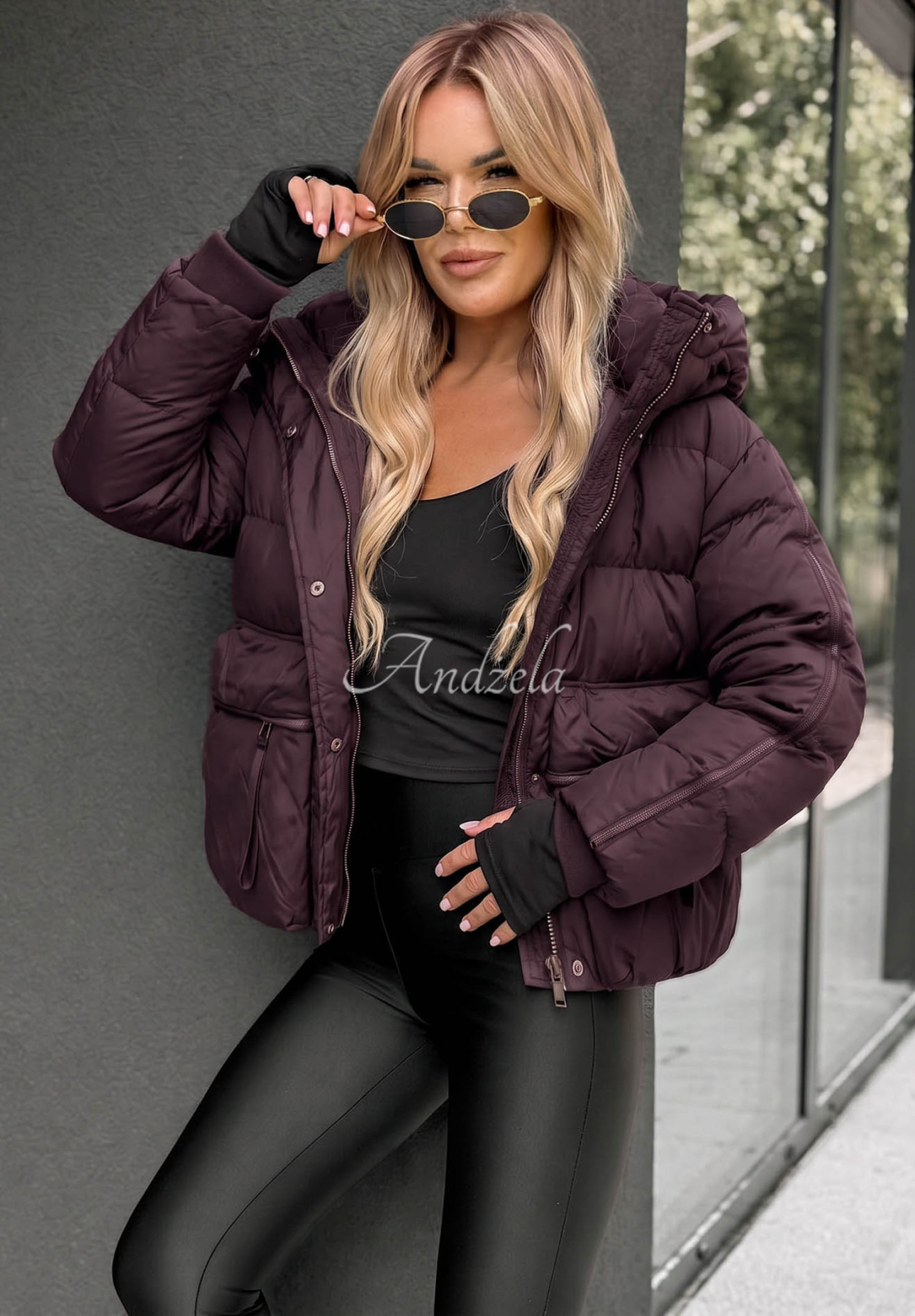 Kurze Daunenjacke mit Kapuze North Meadow Pflaumenfarben