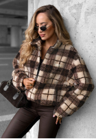 Krótka Jacke baranek sherpa w kratę Teddy Jacket Schokoladenbraun