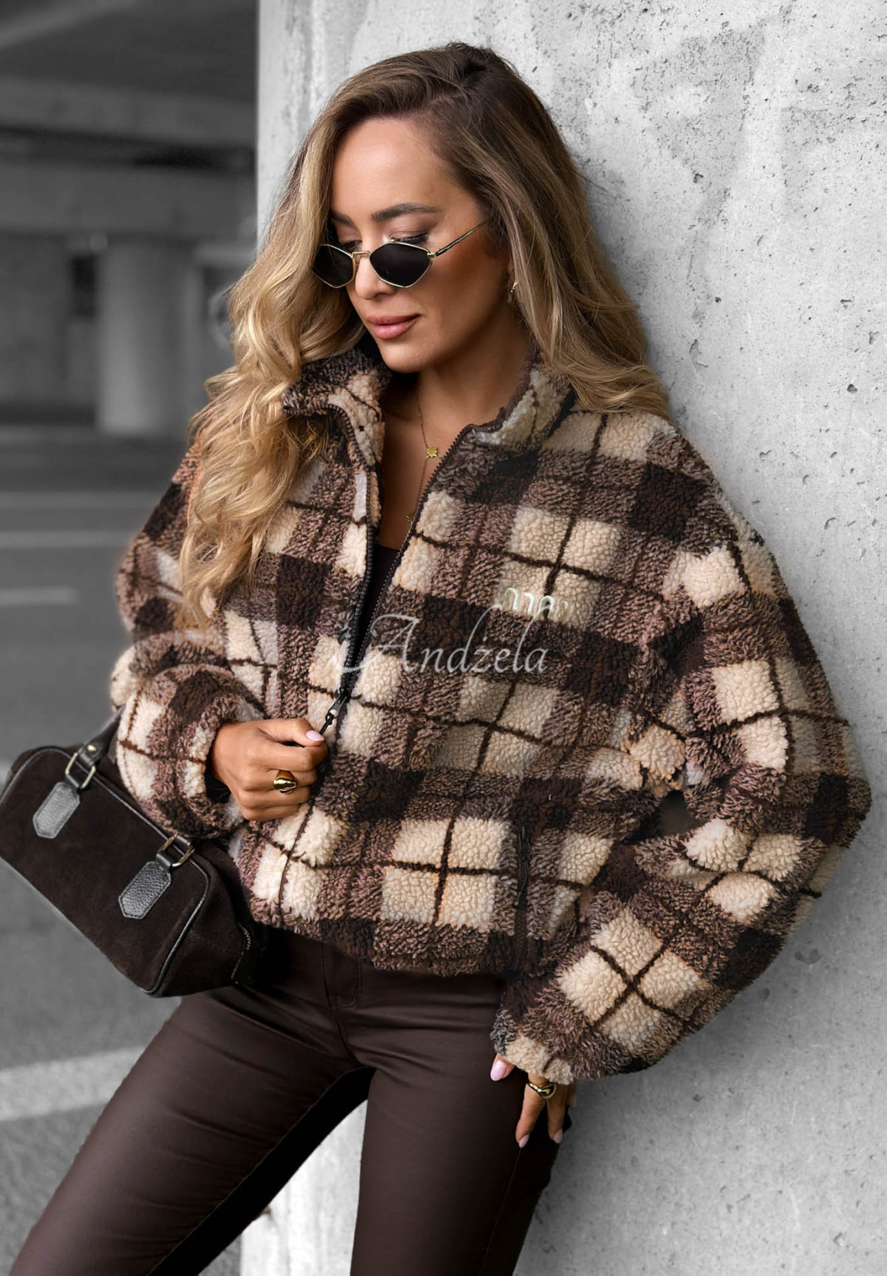 Kurze karierte Jacke aus Lammfellimitat Teddy Jacket Schokoladenbraun