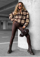 Krótka Jacke baranek sherpa w kratę Teddy Jacket Schokoladenbraun