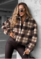 Krótka Jacke baranek sherpa w kratę Teddy Jacket Schokoladenbraun