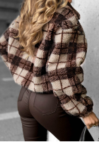 Krótka Jacke baranek sherpa w kratę Teddy Jacket Schokoladenbraun