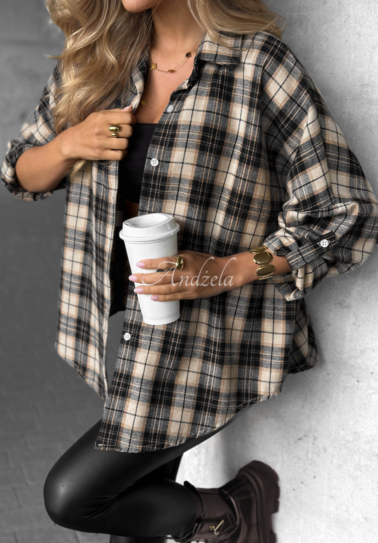 Kariertes Hemd mit Baumwolle und Viskose Cozy Edit Schwarz