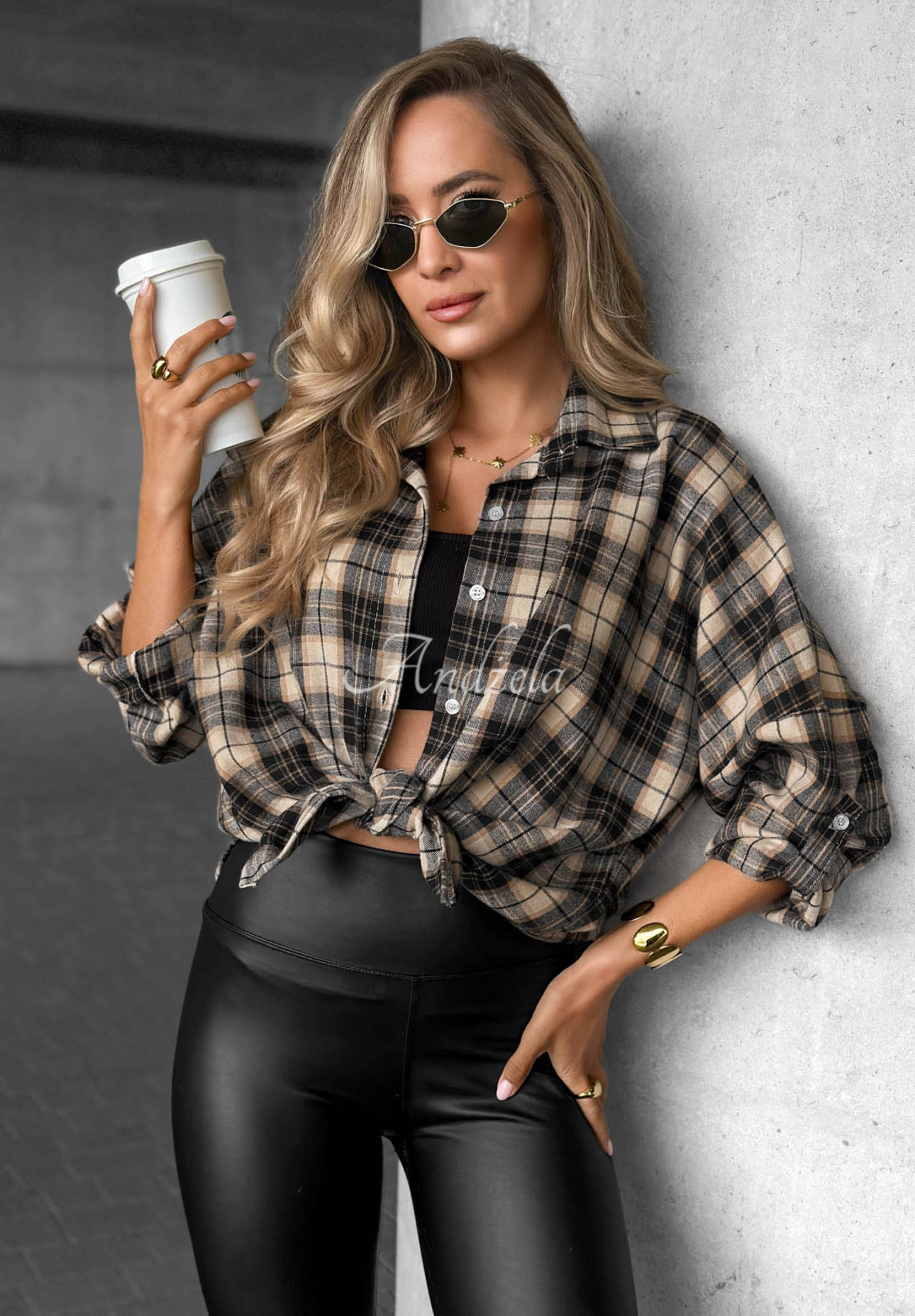 Kariertes Hemd mit Baumwolle und Viskose Cozy Edit Schwarz