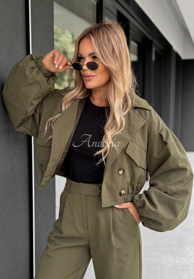 Kurzer, zweireihiger Oversize-Mantel mit Kragen Play Your Cards Khaki